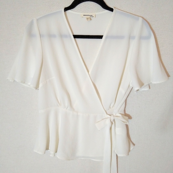 Monteau Tops - Monteau LA Butterfly Sleeve Wrap Peplum Top